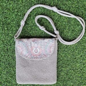 Sakroots Crochet Ptinted Flap Grey Crossbody Bag